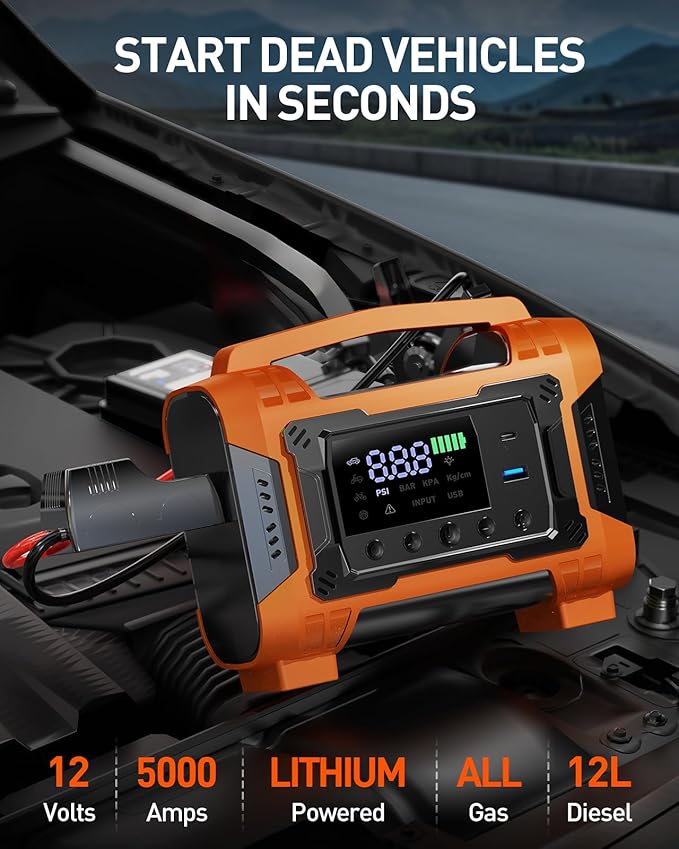 Jump Starter with Air Compressor, Car Battery Jump Starter 150PSI Tire Inflator, Battery Jumper Starter Portable Jump Box, 12V Portable Car Jump Starter for 9L Gas & 7L Diesel Engines