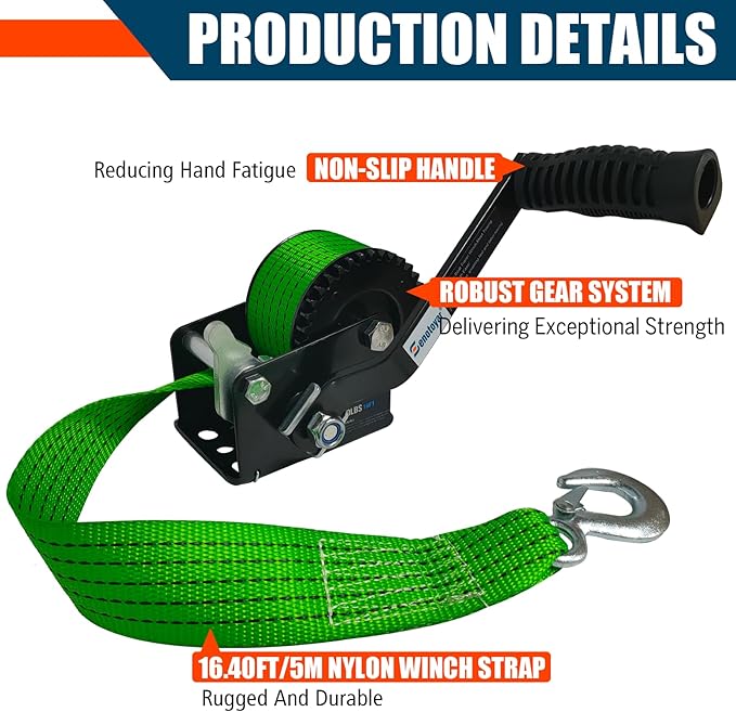 Heavy Duty Boat Trailer Winch,HandCrank Winch 880lbs Capacity with 16FT Strap,2-Way Ratchet 4:1 Gear Switchable Hand Crank Winch for Boat,Trailer,Truck,RV,ATV and Jet Ski