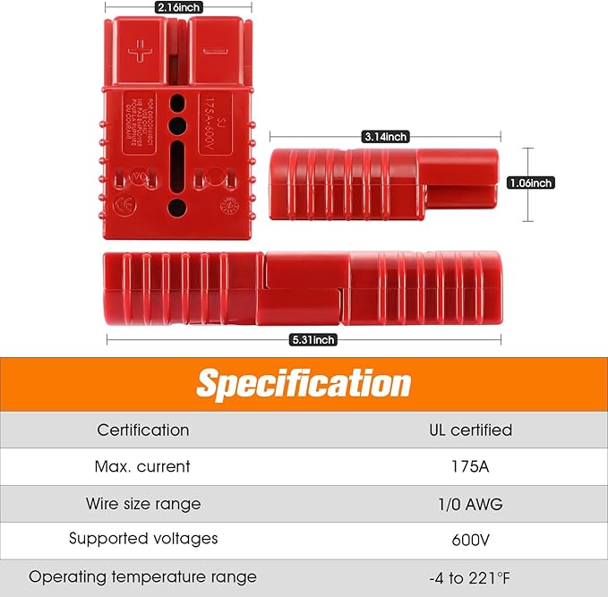 4 Pcs 1/0 Gauge 175 Amp Battery Quick Connect/Disconnect with Handle, Jumper Cable Plug Connector Kit for Recovery Winch, Towing Systems(Red)