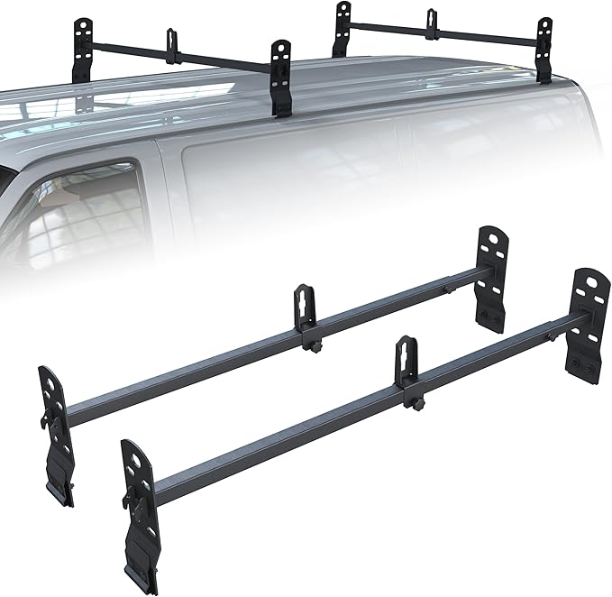 Ladder Rack Cross Bar Fit 2003-2022 Chevy Express|2003-2022 GMC Savana|1999-2014 Econoline Utility Van Accessories for Kayak Canoe Lumber Pipes Cargo Carrier 600 LBS Capacity with Stopper 2 Bars
