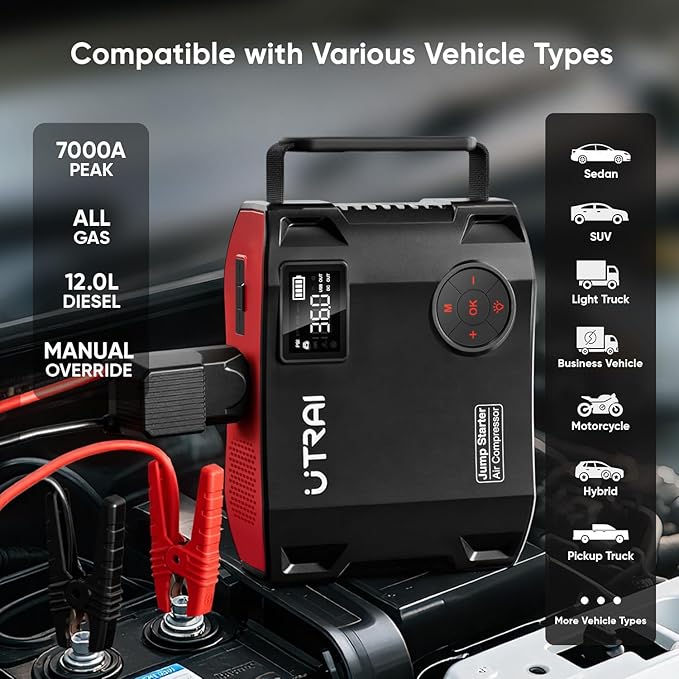 UTRAI Jump Starter with Air Compressor, 6000A 27000mAh Car Starter Jump Box with 150PSI Tire Inflator, Portable Jump Pack (All Gas/10L Diesel), DC160W, QC3.0 Jumper Cables, 1600LM Light
