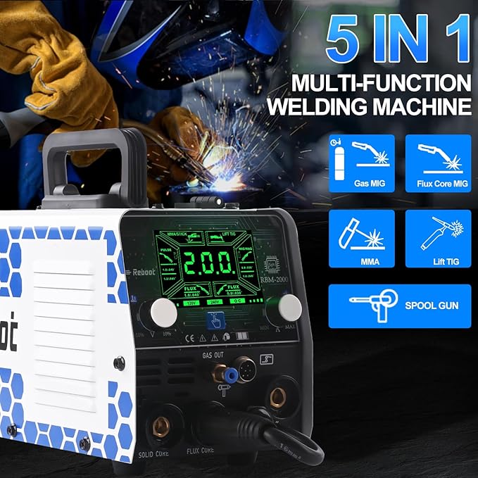 Reboot RBM2000 5-in-1 Welder 120V/240V with Spool Gun - 2025 Upgrade Complete Kit for Aluminum Welding, Steel, Metal Finishing, MIG, Flux Core, Lift TIG, Stick Welding Machine