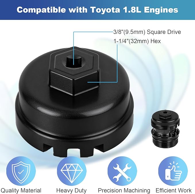 Professional 6 Slots 14 Flutes Oil Filter Wrench for Toyota, 64mm Oil Filter Removal Tool Socket, Oil Filter Cap Wrench for Corolla, Prius, Prius Prime/V, Matrix, CT200h, Scion iM/iQ/xD 1.8L Engine