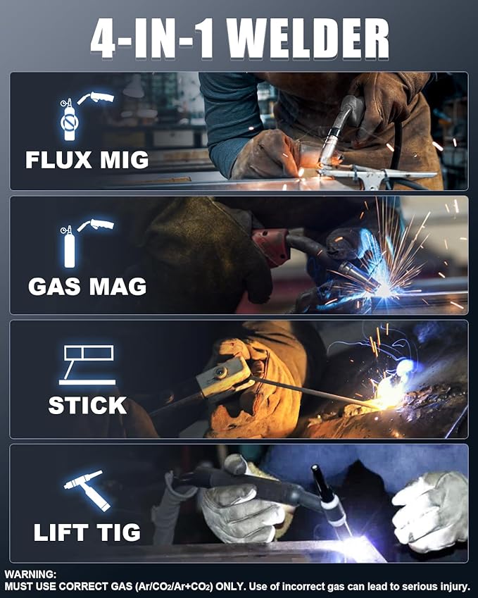 AZZUNO MIG Welder 145A, 110V/220V Dual Voltage 4 in 1 Gas/Gasless Flux Core MIG Welder/Lift TIG/Stick Welding Machine, Wire Feed Welder with Synergic Control