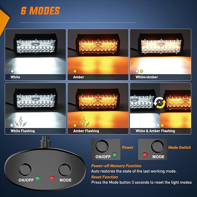 Nilight 2PCS 6.5 Inch 120W LED Light Bar Amber White Strobe 6 Modes Memory Function Off-Road Truck Car ATV SUV Cabin Boat with 16AWG Wiring Harness Kit-2 Lead