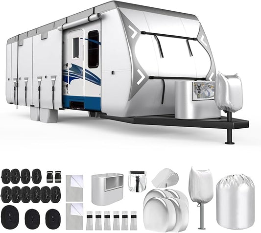 Mofeez Oxford Fabric Travel Trailer RV Cover, Camper Cover with 420D Oxford 24'-27' Tearproof Waterproof Windproof Travel Trailer Cover with Tire Covers, Jack Cover and Propane Tank Cover
