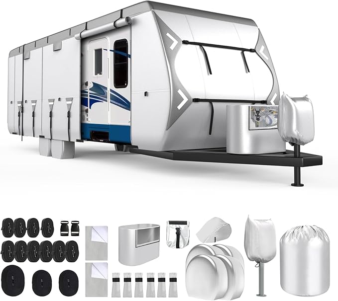 Mofeez Oxford Fabric Travel Trailer RV Cover, 420D Oxford Camper Covers 30-33 with Roof Top AC Waterproof Travel Trailer Cover with Tire Covers, Jack Cover and Propane Tank Cover