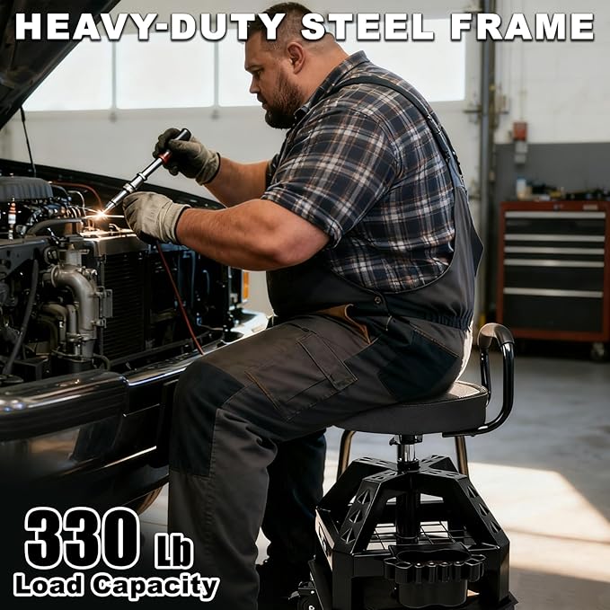 Rolling Shop Stool with Wheels, Heavy Duty Garage Work Mechanic Stool with Backrest, Adjustable Height 360°Swivel Rolling Chair with Tool Tray Storage, 330 LBS Capacity, Black