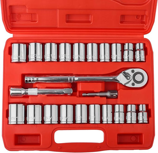 Egofine 1/2" Drive Socket Set, 23 Piece Standard SAE (7/16 to 1 inch) and Metric (13-19, 21, 22, 24mm) 6 Point, with Quick Release Ratchet, Extension Bars, Drive Drill Adapter