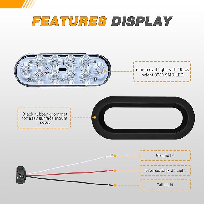 GOOACC 6Inch Oval Trailer Tail Light 4PCS 10LED White Reverse Back Up Lights w/Surface Mount Grommets Plugs IP67 Waterproof for Truck RV Tractor