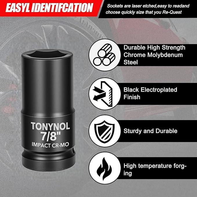 3/4" Inch Drive Deep Impact Socket,6-Point,SAE Size 7/8",80mmL,CR-MO,Heavy-Duty Automotive & Industrial Repair