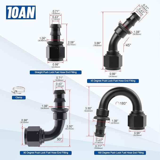 10AN Push Lock Hose Fitting Kit Straight 45 90 180 Degree Elbow Black Ends with Clamps for Rubber Fuel Line, 8PCS