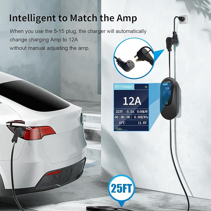 32 Amp Level 2 Portable EV Charger Station for SAE J1772 EV Cars (240 Volt, 25ft Cable), FCC and UL Certified, with NEMA 14-50 Plug,with 5-15 to 6-20 Plug, with J1772 to Tesla Adapter.