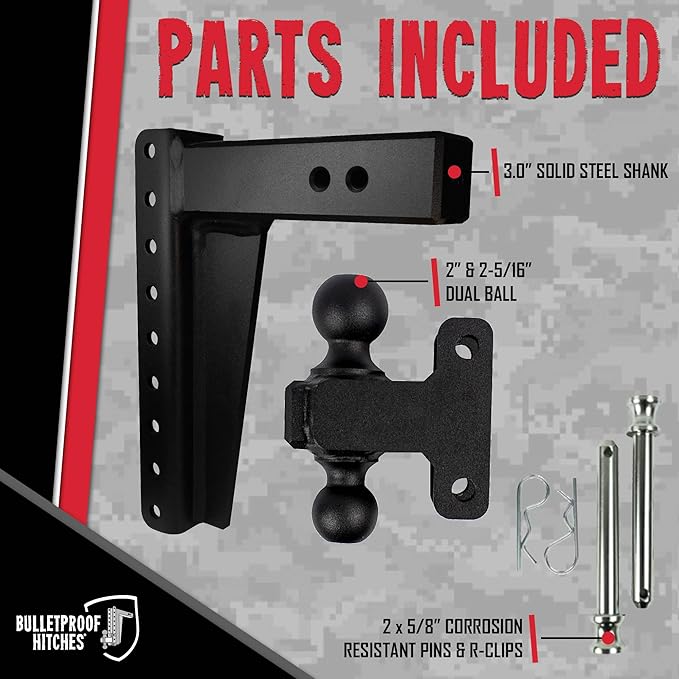 BulletProof Hitches - 3.0" Adjustable Heavy Duty Trailer Hitch (22,000 lb. Rating) - 12" Drop/Rise Trailer Hitch with 2" & 2-5/16" Dual Ball - Powder Coat, Solid Steel, Corrosion-Resistant