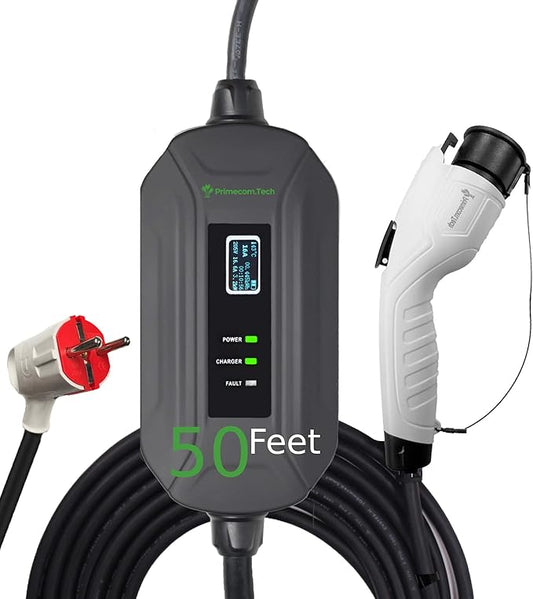 PRIMECOM Level 2 Electric Vehicle (EV) Charger (220V / 240Volt, 16Amp) Portable EVSE Smart Electric Car Charger, 30', 40', and 50 Feet Lengths (European, 50 Feet)