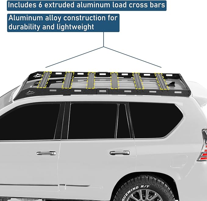 Hooke Road GX460 Full Length Roof Rack Aluminum Cross Bars for 2010-2023 Lexus GX460, Low Profile Overlanding Rooftop Storage Cargo Basket Rails Luggage Carrier