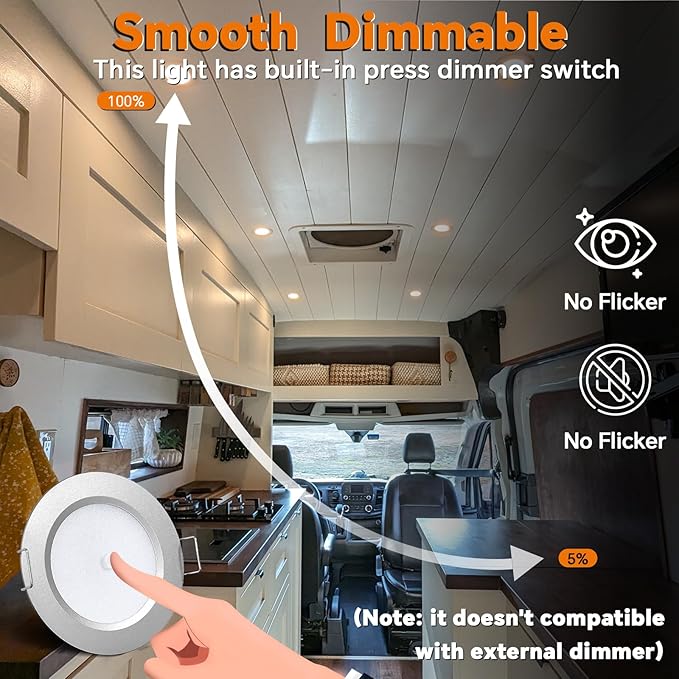 3" LED 12V Push Lights w/Built-in Switch Interior Bi-Color 12 Volt Red LED Puck Light Full Aluminum RV Dimmable Flush Mount Light for Camper, Boat, Trailer 4Pcs (Silver, Warm White)