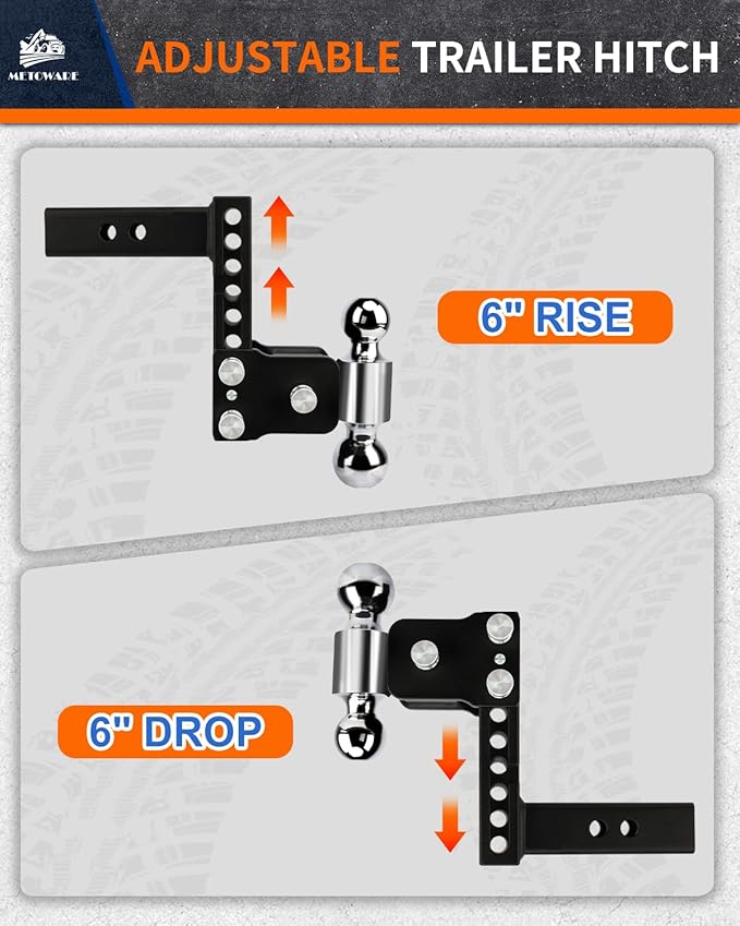 METOWARE Adjustable Trailer Hitches Fits 2-Inch Receiver - Adjustable Ball Mount with 6-Inch Drop/Rise (12,500 LBS GTW) - Dual Ball (2'' x 2-5/16'') and Anti-Theft Stainless Steel Trailer Lock