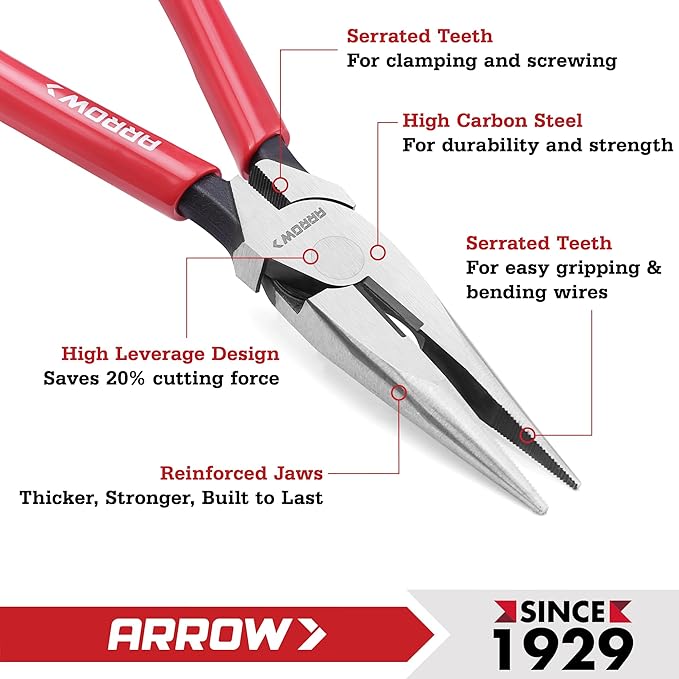 ARROW 8" High Leverage Needle Nose Pliers with Side Cutters, Long Nose Pliers for Gripping, Wire Bending, Cutting