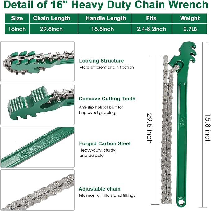 3 Piece Wrench Set:16" Heavy Duty Ratcheting Chain Wrench,12" Aluminum Nylon Strap &6" Rubber Strap Wrench Plumbing,Non-Slip,Complete Spanner Tool Kit for Oil Filter& Household