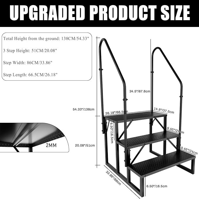 RV Steps with Handrails, 3 Step RV Stairs 660 lbs Load Capacity, Step Ladder with Anti-Slip Panel, Mobile Home Stairs for Travel Trailers