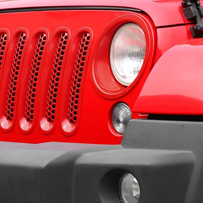 Mesh Grille Grill Insert+Headlight Turn Light Cover Trim Fit for 2007-2018 Jeep Wrangler JK JKU(Red)