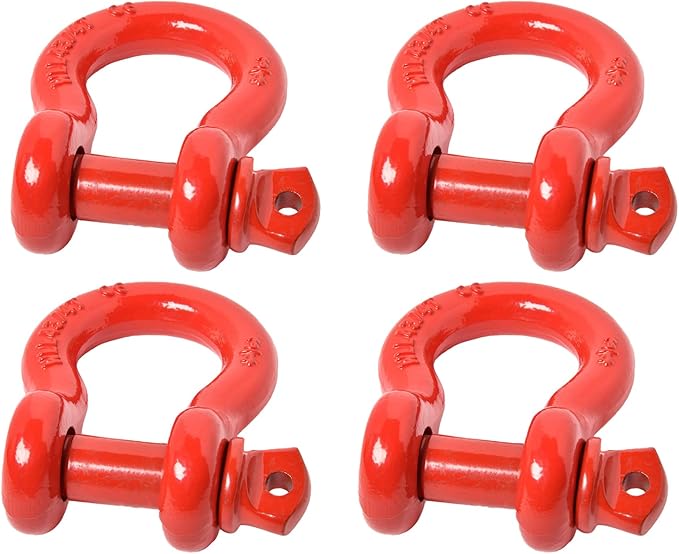 Hi-Gear (4 PK, Red) Bow Shackles 3/4" D Ring Shackle Rugged Unbreakable 28.5 Ton (57,000 Lbs) Maximum Break Strength with 7/8'' Pin Bow Screw Heavy Duty D Ring for 4x4 Vehicle Recovery.
