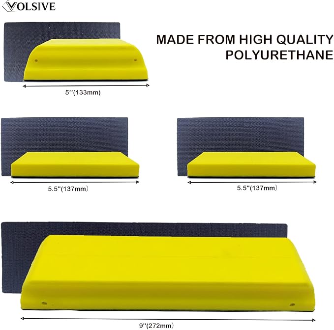 VOLSIVE 7pcs Hand Sanding Block Set, Rectangle Handheld Sanding Pad, Hook and Loop Interchangeable Assorted Shapes, for Sanding or Polishing in Auto Body and Paint Shops - Yellow