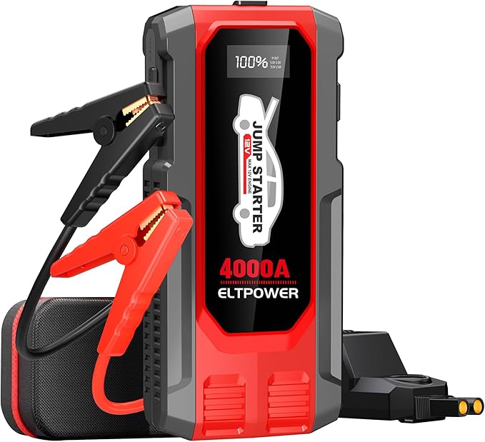 Car Battery Jump Starter 12V Battery Booster Pack 4000A Portable Jump Starter Jump Box with Jumper Cables USB Power Bank Dual Output LED Light