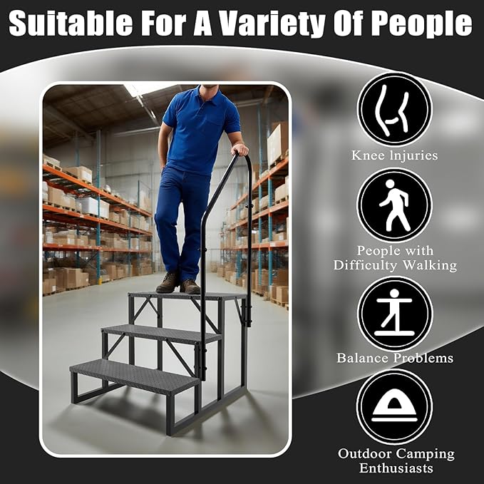 RV Steps with Handrail, 3 Step RV Stairs 660 lbs Load Capacity, Step Ladder with Anti-Slip Panel, Mobile Home Stairs for Travel Trailers