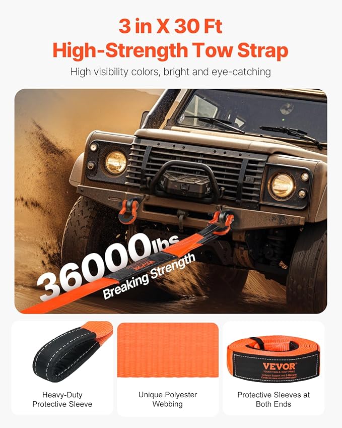 VEVOR Heavy Duty Tow Strap Recovery Kit 3 in x 30 ft (MBS-36,000 lbs) Tree Saver Winch Strap, Triple Reinforced Loop & Protective Sleeves & Storage Bag, 3/4" D-Ring Shackles, for Truck Jeep SUV ATV