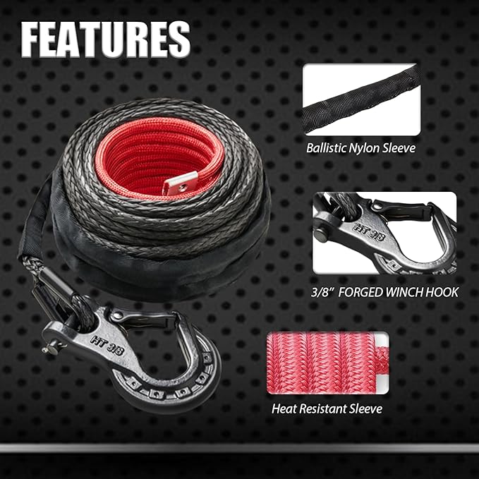 Black Synthetic Rope Winch Rope 3/8 inch x 80 feet, 24000lbs Winch Rope Cable Kit, Winch Line with Protective Sleeve for 4WD Road Vehicle Truck SUV Jeep