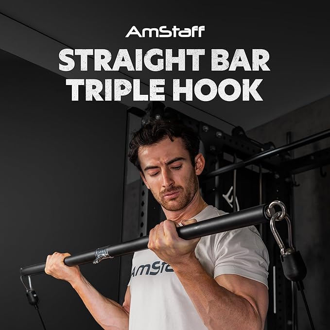 AmStaff 48" Straight Ez Curl Lat Pull Down Bar with Revolving Double Hook for Dual Pulley Cable Machines, Functional Trainer Multi-Purpose Attachment