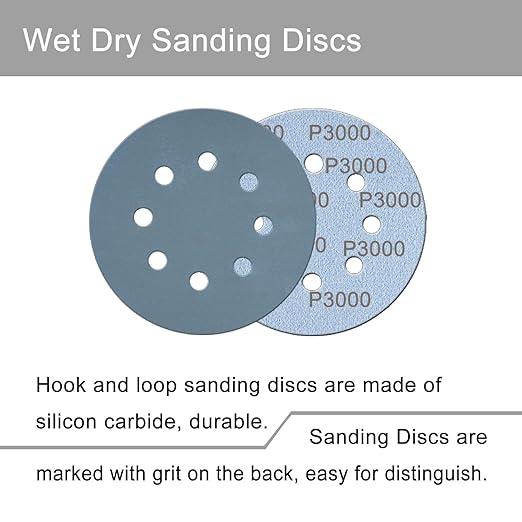 100 Pcs 5 Inch Sanding Discs Hook & Loop 8 Holes Wet Dry 3000 Grit Sandpaper Silicon Carbide Sand Paper for Orbital Sander Automotive Wood Plastic Metal Polishing (100Pcs 3000 Grit)