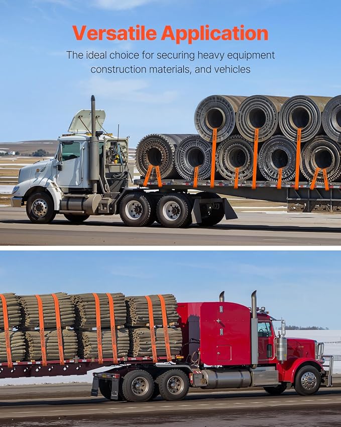 VEVOR Truck Straps, 4" x30' Heavy Duty Tie Down w/Flat Hooks 18,000lbs Break Strength, WLL# 6000lbs, Cargo Straps tie Down for Flatbeds, Trucks, Trailers, Farms, Rescues, Tree Saver, Orange(10 Pack)