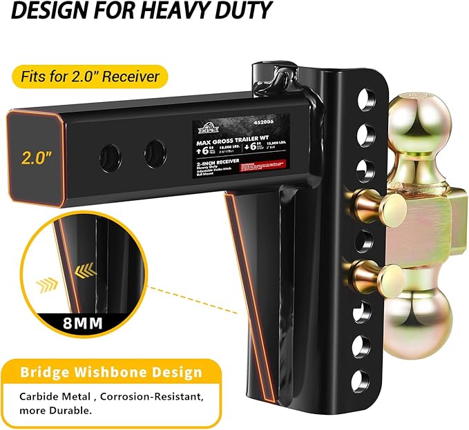 Adjustable Trailer Hitch, Fits 2.0-Inch Receiver, 6-Inch Drop/Rise,2"" & 2-5/16"" Ball Hitches for Trucks, 18,000 LBS GTW - Receiver Hitch with Anti-Theft Pin, Solid Ball Mount, BLK,X-452006