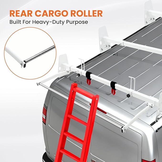 Van Roof Ladder Rack, 3 Adjustable Crossbars (48"-67") with Rain Gutter Mounts, Compatible with Chevy Express 1500/2500/3500, Ford Econoline, and GMC Savana Cargo Vans with Rear Roller
