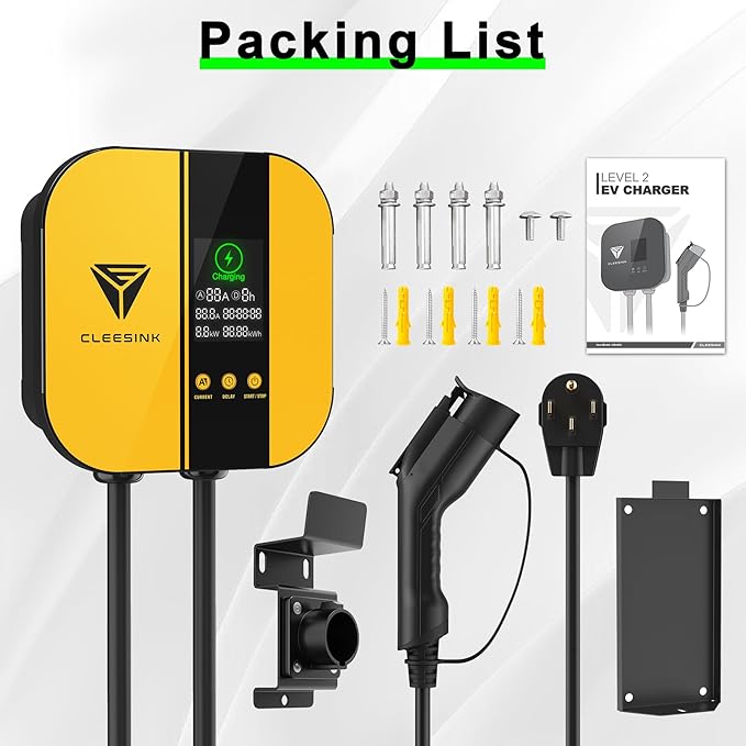 CLEESINK Level 2 EV Charger, 40A 240V Indoor/Outdoor Electric Vehicle Charging Station, NEMA 14-50, 23ft Cable UL Listed Home Electric Car Universal Wall Charger EVSE, Settable Amps & Time, Yellow