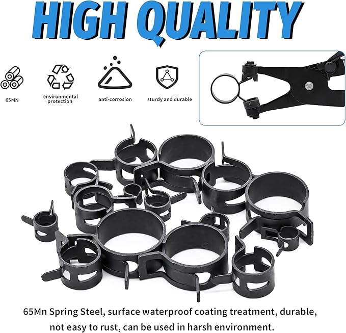 130Pcs 6-25mm Spring Band Hose Clamps With Swivel Flat Hose Clamp Plier Assortment Kit, Constant Tension Steel Clamps for Fuel Lines, Silicone, Vacuum Hoses & Low-Pressure Air Clips By PEROMI