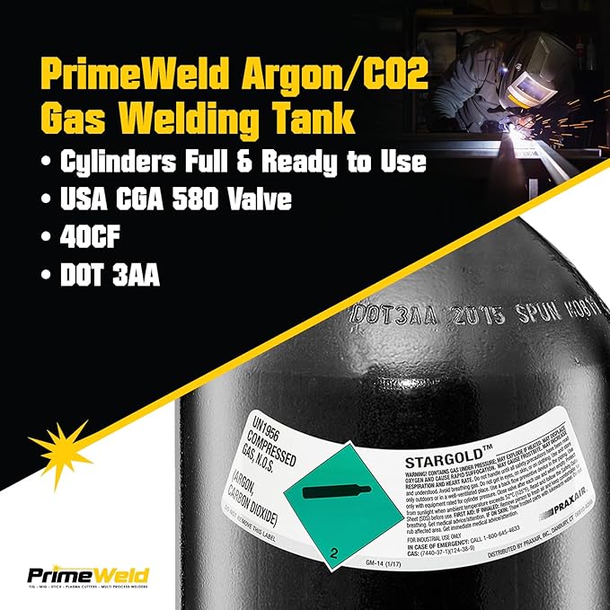 PrimeWeld 75% Argon 25% CO2 Bottle 40CF | DOT 3AA | USA CGA 580 Valve | Best Gas Blend for MIG Welding | Cylinders Full & Ready to Use