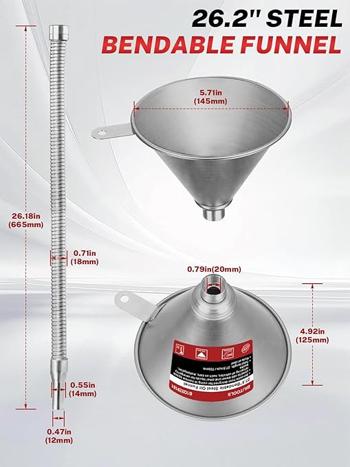 BILITOOLS 26.2" Steel Flexible Oil Funnel with Filter for Automotive Use, Metal Bendable Spout Funnel for Oil Fluids Change, Long Funnels for Transmission Fluid