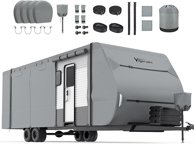RV Cover Vigorvan Upgrad 7 Layers Top Camper Cover Windproof Travel Trailer Cover for 24-27FT RV, Toy Hauler Cover with Tongue Jack Cover, Extra Windproof Ropes, Gutter Covers
