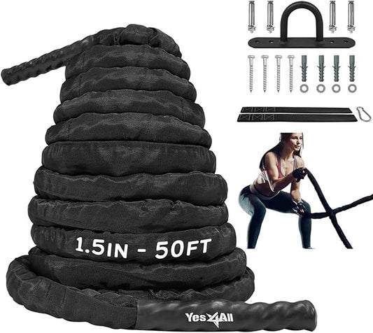Yes4All Battle Ropes, Workout Rope with Cover, Steel Anchor & Strap Included, Heavy Ropes for Exercise Training - 1.5/2 Inch Diameter, 30, 40, 50 Ft Length