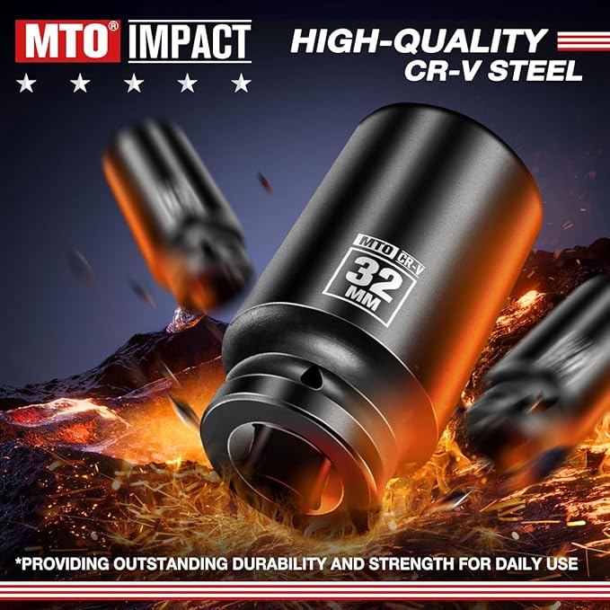 MTO 1/2" Drive 32mm Deep Impact Socket, 6-Point Metric Socket for Automotive Maintaince, CR-V Steel Meets ANSI Standards