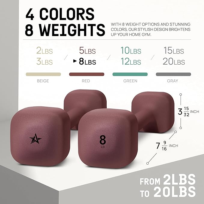 Yes4All Square Neoprene Dumbbell Set for Women/Men, Workout Hand Weight Dumbbells Set of 2, 2lb - 20lb with 4 Colors, Anti-Roll, Anti-Slip Exercise Dumbbells Weights for Home Gym,