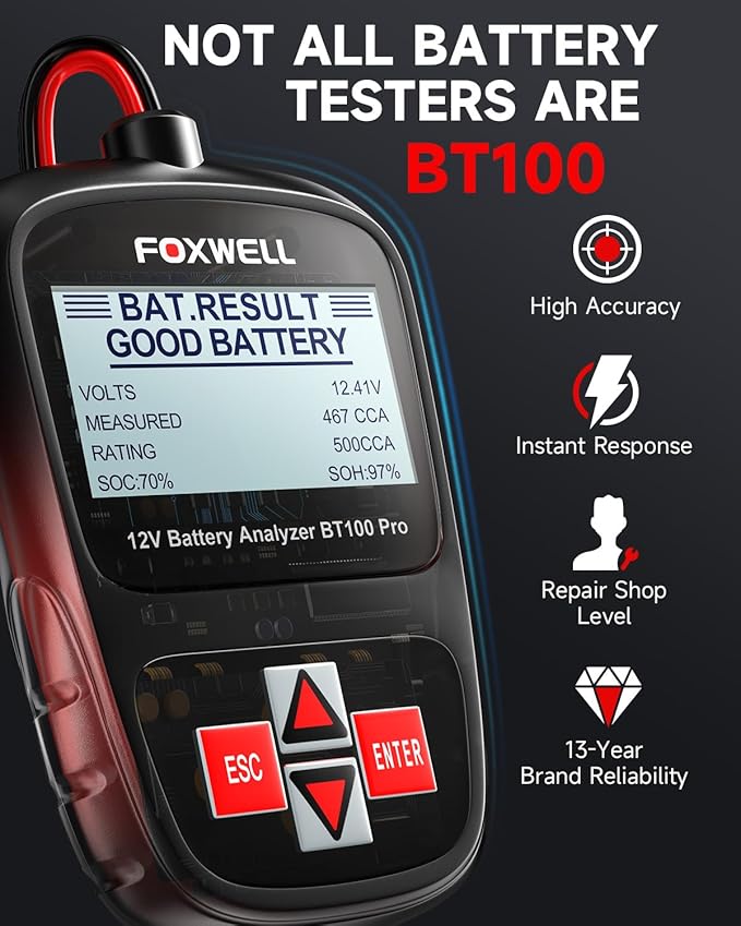 FOXWELL BT100 Pro 12V Car Battery Tester, Battery Load Tester, 100-1100CCA Automotive Alternator Tester Digital Auto Battery Analyzer for Car Truck Motorcycle SUV, Boat, RV, Marine & Pickup