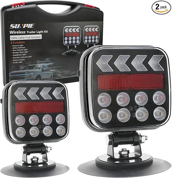 SUNPIE Trailer Lights Wireless LED Trailer Light Kit with Rechargeable Retrore Flectors Adjustable Magnetic Type C Towing Light Kit for Trucks, Boat, RV, Vehicle, Caravan