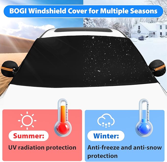 BOGI Windshield Cover for Ice and Snow, Heavy Duty 600D Windshield Snow Cover with 2 Mirror Covers Waterproof Car Cover for Snow Windshield Protector for Cars, SUVs, Trucks (77"x47")