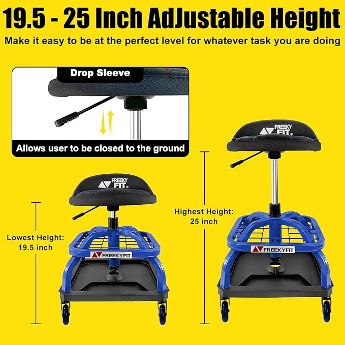 Rolling Stool with Blue Wheels,Heavy Duty Garage Work Mechanic Rolling Shop Stool with Backrest, Adjustable Height 360°Swivel Roller Mechanic Chair with 2 Tool Trays, 330 LBS Capacity