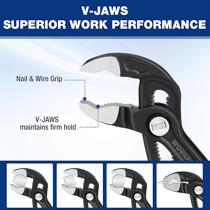 WORKPRO 7" & 10" Groove Joint Pliers Set, V-Jaw Quick Adjustable Pliers, CR-V Steel, Upgraded Wide Opening, Dual Serrated, Water Pump Plier for Home & Industrial Repair, Soft Grip